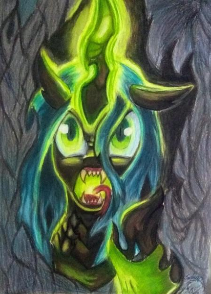 Size: 449x623 | Tagged: safe, artist:shadowingartist, derpibooru import, queen chrysalis, changeling, changeling queen, angry, drawing, evil, female, magic, magic aura, paper, traditional art