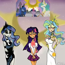 Size: 2132x2139 | Tagged: safe, artist:citi, derpibooru import, screencap, princess celestia, princess luna, twilight sparkle, alicorn, human, the summer sun setback, eyes closed, eyeshadow, humanized, makeup, scene interpretation, screencap reference, starry hair, twilight sparkle (alicorn)