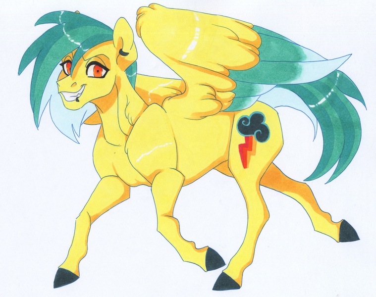 Size: 3713x2936 | Tagged: safe, artist:frozensoulpony, derpibooru import, oc, oc:hopscotch, pegasus, pony, colored wings, female, mare, multicolored wings, offspring, parent:dumbbell, parent:lightning dust, parents:lightningbell, solo, traditional art, wings