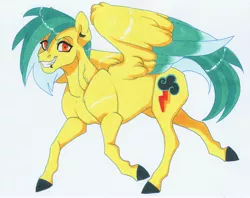 Size: 3713x2936 | Tagged: safe, artist:frozensoulpony, derpibooru import, oc, oc:hopscotch, pegasus, pony, colored wings, female, mare, multicolored wings, offspring, parent:dumbbell, parent:lightning dust, parents:lightningbell, solo, traditional art, wings