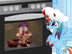Size: 2048x1536 | Tagged: grimdark, anonymous editor, derpibooru import, edit, vector edit, rainbow dash, scootaloo, bird, chicken, pegasus, pony, abuse, background pony strikes again, blood, chef's hat, cooked alive, cooking, crying, downvote bait, female, filly, flying, happy, hat, mare, op is a duck, oven, rainbow dash's house, scootabuse, smiling, vector