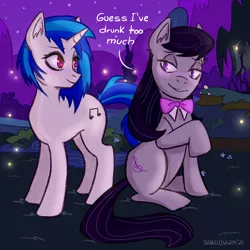 Size: 4134x4134 | Tagged: safe, artist:demonnox98, derpibooru import, octavia melody, vinyl scratch, earth pony, firefly (insect), insect, pony, unicorn, blushing, bowtie, drunk, female, lesbian, looking at each other, mare, night, raised hoof, scratchtavia, shipping, sitting, stars