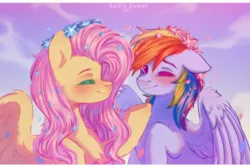 Size: 3000x2000 | Tagged: safe, artist:belkasweet, derpibooru import, fluttershy, rainbow dash, pegasus, pony, blushing, bust, chest fluff, duo, eyes closed, female, floppy ears, floral head wreath, flower, flower in hair, heart, high res, looking at you, mare, one eye closed, profile, raised hoof, sky, sky background, smiling, spread wings, three quarter view, wings, wink, winking at you