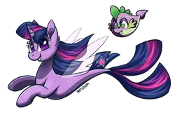 Size: 2269x1575 | Tagged: safe, artist:ratlovera, derpibooru import, spike, twilight sparkle, alicorn, fish, puffer fish, seapony (g4), my little pony: the movie, female, fin wings, fish tail, flowing mane, flowing tail, green eyes, horn, male, purple eyes, seaponified, seapony twilight, simple background, smiling, species swap, spike the pufferfish, tail, transparent background, twilight sparkle (alicorn), wings