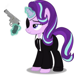 Size: 4309x4377 | Tagged: safe, artist:anime-equestria, derpibooru import, starlight glimmer, pony, unicorn, clothes, eyepatch, female, glowing horn, gun, handgun, happy, horn, levitation, magic, magic aura, mare, necktie, revolver, shoes, simple background, smiling, solo, suit, telekinesis, transparent background, vector, weapon