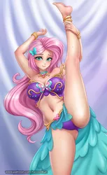 Size: 800x1306 | Tagged: adorasexy, anklet, armpits, artist:racoonsan, barefoot, belly button, belly dancer, belly dancer outfit, blushing, bracelet, breasts, busty fluttershy, choker, clothes, cute, derpibooru import, eyelashes, feet, female, fluttershy, grin, human, humanized, jewelry, legs, long hair, looking at you, patreon, pink hair, purple underwear, sexy, shyabetes, skirt, smiling, solo, solo female, standing, standing splits, stretching, stupid sexy fluttershy, suggestive, sweat, sweatdrop, thighs, underwear, upskirt, website