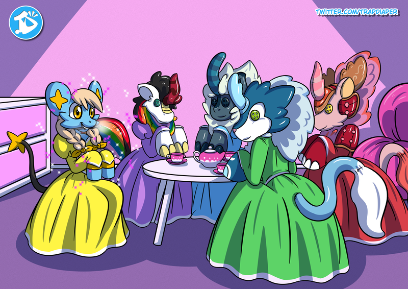 Size: 4092x2893 | Tagged: safe, artist:trap-diaper, derpibooru import, oc, ponified, unofficial characters only, anthro, kirin, pony, shinx, bow, braid, clothes, dress, hair bow, indoors, kirin oc, multicolored hair, pokémon, rainbow hair, sitting, smiling, table, teapot