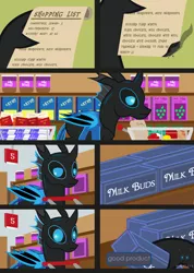 Size: 1466x2058 | Tagged: safe, artist:wheatley r.h., derpibooru import, oc, oc:w. rhinestone eyes, unofficial characters only, changeling, bat wings, blue changeling, box of chocolates, changeling oc, chocolate, comic, dark chocolate, flour, food, gas can, honeypot changeling, lemon, list, mate, milk buds, oats, poptart, shop, shopping, shopping cart, solo, spanish, spanish text, the stuff, tomato, vector, watermark, white chocolate, wings