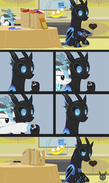 Size: 1466x2455 | Tagged: safe, artist:wheatley r.h., derpibooru import, kirin oc, oc, oc:blizzard flare, oc:w. rhinestone eyes, unofficial characters only, changeling, kirin, banana, bat wings, blue changeling, box of chocolates, cake, changeling oc, chocolate, comic, dark chocolate, food, honeypot changeling, kitchen, milk buds, sad, shopping bags, spanish text, vector, watermark, white chocolate, wings