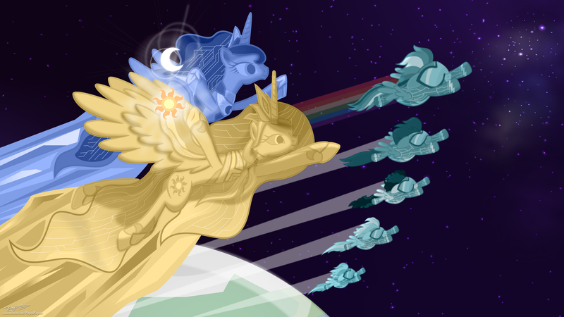 Size: 5760x3240 | Tagged: safe, artist:magnusmagnum, derpibooru import, princess celestia, princess luna, rainbow dash, alicorn, pony, cutie mark, equestria, female, flying, futuristic, high res, jewelry, looking at something, moon, planet, rainbow, regalia, royal sisters, shading, siblings, sisters, space, stars, sun, wonderbolts