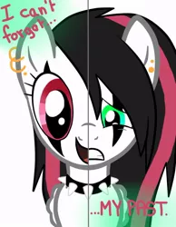 Size: 600x773 | Tagged: safe, artist:emalajiss36, derpibooru import, oc, oc:emala jiss, unofficial characters only, pegasus, pony, choker, ear piercing, earring, eyelashes, female, frown, heterochromia, jewelry, mare, pegasus oc, piercing, smiling, solo, spiked choker, split screen, two sided posters, wings