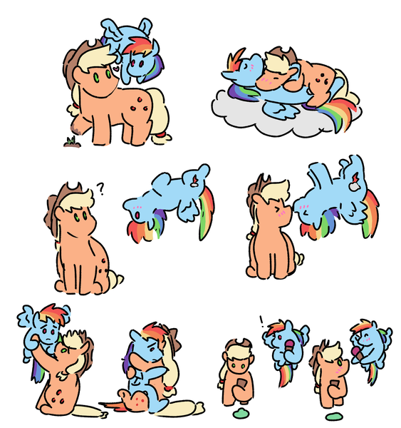 Size: 3000x3200 | Tagged: safe, artist:applejackofalltrades, derpibooru import, applejack, rainbow dash, earth pony, pegasus, pony, appledash, boop, cloud, cuddling, cute, female, flying, food, hug, ice cream, lesbian, on a cloud, shipping, sleeping, snuggling, upside down, upside down kiss