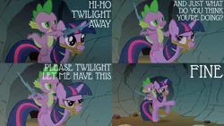Size: 2000x1125 | Tagged: safe, derpibooru import, edit, edited screencap, editor:quoterific, screencap, spike, twilight sparkle, dragon, pony, unicorn, a dog and pony show, bipedal, dragons riding ponies, horses doing horse things, open mouth, riding, spike riding twilight, sword, the lone ranger, twilight is not amused, unamused, unicorn twilight, weapon