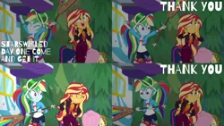 Size: 2000x1125 | Tagged: safe, derpibooru import, edit, edited screencap, editor:quoterific, screencap, applejack, fluttershy, rainbow dash, sci-twi, sunset shimmer, twilight sparkle, human, equestria girls, equestria girls series, sunset's backstage pass!, spoiler:eqg series (season 2), eyes closed, female, gritted teeth, hurting, open mouth