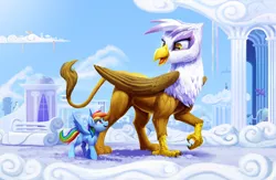 Size: 2200x1430 | Tagged: safe, artist:tsitra360, derpibooru import, gilda, rainbow dash, soarin', gryphon, pegasus, pony, alternate size, city, cloud, cloudsdale, duo, female, giant griffon, giantess, macro, micro, open mouth, size difference, speedpaint available, walking