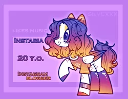 Size: 1401x1080 | Tagged: safe, artist:silvexxx01, derpibooru import, oc, oc:instabia, ponified, unofficial characters only, pegasus, pony, clothes, eyeshadow, female, freckles, instagram, makeup, mare, multicolored hair, raised hoof, reference sheet, shirt, socks, solo, t-shirt, unshorn fetlocks, wristband