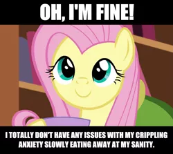 Size: 1389x1241 | Tagged: anxiety, caption, derpibooru import, dissonant caption, fluttershy, image macro, impact font, make new friends but keep discord, safe, text