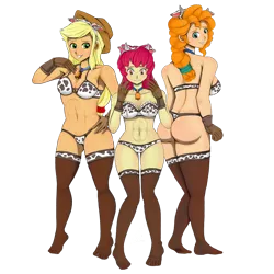 Size: 1280x1280 | Tagged: suggestive, artist:jennobasilicum, derpibooru import, apple bloom, applejack, pear butter, equestria girls, abs, apple bloom's bow, apple sisters, applejack's hat, ass, bell, bell collar, belly button, bow, bra, breasts, butt, clothes, collar, commission, cowbell, cowboy hat, cowprint, equestria girls-ified, female, females only, freckles, gloves, grin, hair bow, hairband, hat, midriff, mother and child, mother and daughter, older, older apple bloom, panties, siblings, simple background, sisters, smiling, socks, stocking feet, stockings, thigh highs, thong, transparent background, underwear