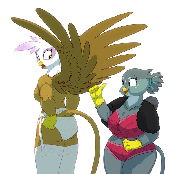 Size: 3395x3158 | Tagged: questionable, artist:carnifex, derpibooru import, gabby, gilda, anthro, digitigrade anthro, gryphon, breasts, busty gabby, chubby, clothes, commission, dat butt, extra thicc, fat, female, gildonk, lingerie, meme, muscles, muscular female, socks, stockings, stupid sexy gabby, stupid sexy gilda, thigh highs, thumbs up, underwear