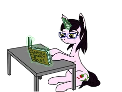 Size: 1600x1200 | Tagged: safe, artist:onwatchlistnonartist, derpibooru import, oc, oc:rosa maledicta, unofficial characters only, pony, unicorn, equestria at war mod, book, college, cute, egghead, female, freckles, glasses, necromancer, nerd, simple background, sitting, solo, transparent background