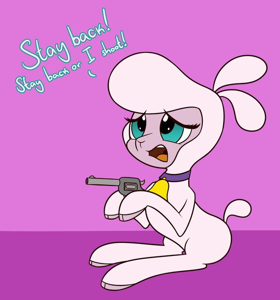 Size: 3576x3840 | Tagged: safe, artist:mrneo, derpibooru import, pom lamb, sheep, them's fightin' herds, bell, bell collar, cloven hooves, collar, community related, female, gun, sitting, solo, weapon