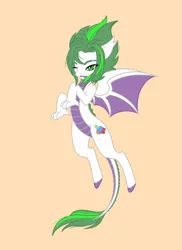 Size: 1024x1406 | Tagged: artist:ocean-drop, derpibooru import, dracony, dragon wings, female, flying, hybrid, interspecies offspring, oc, oc:gem stone, offspring, one eye closed, parent:rarity, parent:spike, parents:sparity, safe, simple background, solo, spread wings, unofficial characters only, wings, wink, yellow background