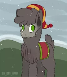 Size: 1600x1850 | Tagged: safe, artist:buy_some_apples, derpibooru import, oc, unofficial characters only, alpaca, happy, hat, no pupils, smiling, snow, snowfall