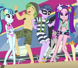 Size: 658x577 | Tagged: suggestive, artist:mixiepie, derpibooru import, edit, edited screencap, screencap, aria blaze, microchips, octavia melody, sandalwood, sonata dusk, valhallen, equestria girls, equestria girls series, i'm on a yacht, rainbow rocks, spoiler:eqg series (season 2), animation error, ariachips, bare chest, beanie, belly button, belt, bikini, breasts, camp everfree logo, cleavage, clothes, cropped, cute, dancing, feet, female, flower, gem, glasses, hat, jewelry, legs, male, male feet, partial nudity, pendant, pink swimsuit, ponytail, raised leg, sandals, sandata, shipping, shorts, show accurate, siren gem, smiling, sonatabetes, straight, suspenders, swimming trunks, swimsuit, topless, vector