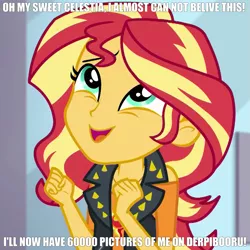 Size: 935x935 | Tagged: safe, derpibooru import, edit, edited edit, edited screencap, screencap, princess celestia, sunset shimmer, human, derpibooru, a fine line, equestria girls, equestria girls series, accessories, caption, clothes, cropped, cute, cutie mark, cutie mark on clothes, exclamation point, eyebrows, eyelashes, eyes open, female, geode of empathy, happy, jewelry, leather vest, looking up, magical geodes, meme, meta, milestone, necklace, open eyes, open mouth, shimmerbetes, shirt, solo, sun, symbol, t-shirt, text, text edit, wrinkles