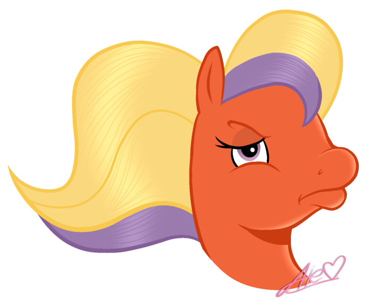 Size: 1685x1367 | Tagged: safe, alternate version, artist:muhammad yunus, derpibooru import, bright bramley, earth pony, pony, angry, bedroom eyes, female, g2, heart, looking at you, mare, medibang paint, missing accessory, no glasses, redraw, solo, unamused, watermark