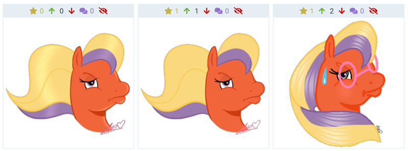 Size: 1365x505 | Tagged: safe, alternate version, artist:muhammad yunus, derpibooru import, bright bramley, earth pony, pony, derpibooru, twibooru, angry, bedroom eyes, female, g2, glasses, heart, juxtaposition, looking at you, mare, medibang paint, meta, missing accessory, no glasses, redraw, solo, sweat, unamused, watermark