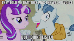 Size: 1920x1080 | Tagged: safe, derpibooru import, edit, edited screencap, fifteen.ai, screencap, party favor, starlight glimmer, pony, unicorn, the cutie map, animated, caption, equality mark, exploitable meme, female, i didn't listen, image macro, male, meme, sound, sound only, stallion, sunset shimmer's voice, text, webm
