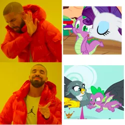 Size: 687x684 | Tagged: safe, derpibooru import, edit, edited screencap, screencap, gabby, rarity, spike, dragon, gryphon, human, pony, unicorn, drake, drama, female, hotline bling, interspecies, irl, irl human, kiss on the cheek, kissing, male, mare, meme, op is a duck, op is trying to start shit, photo, shipping, spabby, sparity, straight, winged spike