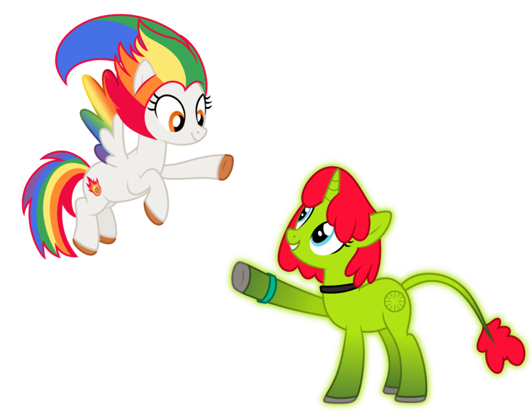 Size: 4500x3500 | Tagged: safe, artist:choisky13, derpibooru import, oc, oc:irene iridium, oc:radiante radium, ponified, unofficial characters only, object pony, original species, pegasus, pony, radioactive pony, unicorn, base used, colored wings, duo, female, glow, glowing body, gradient wings, high res, leonine tail, looking at each other, mare, multicolored hair, multicolored wings, radioactive, rainbow hair, rainbow tail, rainbow wings, simple background, smiling, transparent background, wings