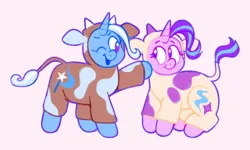 Size: 500x300 | Tagged: safe, artist:anonymous, deleted from derpibooru, derpibooru import, starlight glimmer, trixie, pony, unicorn, animal costume, cheek squish, clothes, costume, cow costume, female, one eye closed, squishy cheeks, starlight glimmoo, trixie lulamoo