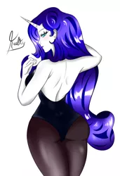 Size: 683x1000 | Tagged: suggestive, artist:kulkry, derpibooru import, rarity, equestria girls, bare shoulders, breasts, busty rarity, clothes, female, leotard, pantyhose, simple background, sleeveless, solo, solo female, strapless, white background