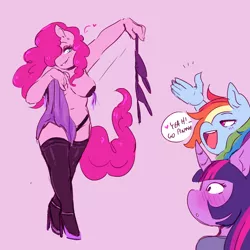 Size: 2500x2500 | Tagged: suggestive, artist:currentlytr_ash, derpibooru import, pinkie pie, rainbow dash, twilight sparkle, anthro, earth pony, pegasus, blushing, bra, breasts, busty pinkie pie, clothes, female, floating heart, hair over one eye, heart, high heels, lesbian, panties, pasties, pink background, plump, shoes, simple background, socks, speech bubble, stockings, stripping, striptease, tassels, thigh highs, thong, underwear