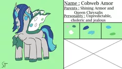 Size: 1280x720 | Tagged: safe, artist:schumette14, derpibooru import, oc, oc:cobweb armor, changeling, changepony, hybrid, spider, unicorn, first design, interspecies offspring, offspring, parent:queen chrysalis, parent:shining armor, parents:shining chrysalis, reference sheet, thanks i hate it