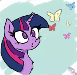 Size: 1440x1404 | Tagged: safe, artist:endo, derpibooru import, twilight sparkle, butterfly, insect, pony, unicorn, :o, abstract background, bust, chest fluff, colored pupils, looking at something, open mouth, sketch, solo, twiggie