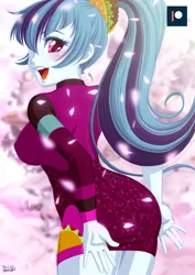 Size: 848x1200 | Tagged: safe, artist:uotapo, derpibooru import, sonata dusk, equestria girls, adorasexy, ass, blushing, breasts, busty sonata dusk, butt, cherry blossoms, clothes, cute, dress, erect nipples, eyelashes, female, flower, flower blossom, food, hair over one eye, lips, looking at you, looking back, minidress, nipple outline, open mouth, patreon, patreon logo, ponytail, rear view, sexy, solo, sonata donk, sonatabetes, stupid sexy sonata dusk, taco, taco dress, that girl sure loves tacos