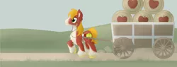 Size: 3150x1200 | Tagged: safe, artist:sixes&sevens, derpibooru import, big macintosh, earth pony, pony, alternate design, barrel, cart, chest fluff, cloven hooves, dust, ear fluff, earbuds, eye clipping through hair, eyebrows visible through hair, freckles, male, mp3 player, one hoof raised, outdoors, pulling, raised hoof, sky, solo, stallion, unshorn fetlocks