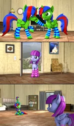 Size: 1920x3260 | Tagged: safe, artist:christian69229, derpibooru import, oc, oc:christian clefnote, oc:eminence bloom, unofficial characters only, alicorn, pegasus, pony, 3 panel comic, 3d, :p, alicorn oc, boop, clothes, comic, female, horn, leg warmers, male, mare, pegasus oc, self ponidox, sfm pony, sitting, socks, source filmmaker, stallion, striped socks, tongue out, wings