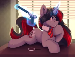 Size: 1700x1275 | Tagged: safe, artist:shadowreindeer, derpibooru import, oc, oc:flying dream, unofficial characters only, pony, unicorn, art trade, eye clipping through hair, glowing horn, gun, handgun, horn, looking at you, lying down, magic, magnifying glass, pistol, prone, smiling, solo, supressor, telekinesis, weapon