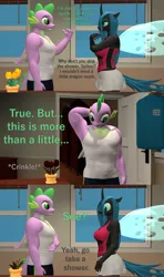Size: 1920x3240 | Tagged: suggestive, artist:papadragon69, derpibooru import, queen chrysalis, spike, anthro, changedling, changeling, dragon, 3d, armpits, bedroom eyes, breasts, busty queen chrysalis, chryspike, clothes, comic, dialogue, female, flower, gigachad spike, lidded eyes, looking at each other, male, musk, older, older spike, onomatopoeia, purified chrysalis, reformed, reversalis, shipping, sound effects, source filmmaker, straight