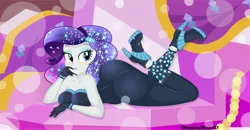 Size: 5000x2599 | Tagged: suggestive, artist:diamondheart21, derpibooru import, rarity, equestria girls, the other side, ass, bedroom eyes, blushing, breasts, busty rarity, butt, cleavage, clothes, diamond, female, gloves, high heels, lidded eyes, looking at you, lying down, raised eyebrow, rearity, scene interpretation, shoes, sleeveless, solo, strapless, stupid sexy rarity, suit, unitard