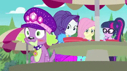 Size: 1136x640 | Tagged: safe, derpibooru import, screencap, fluttershy, rarity, sci-twi, spike, spike the regular dog, twilight sparkle, dog, equestria girls, equestria girls series, lost and pound, spoiler:eqg series (season 2), animated, blushing, cute, laughing, lost and pound: spike, spikabetes, spike's festival hat, unrelated discussion in the comments, webm