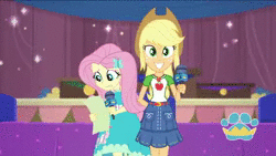 Size: 1136x640 | Tagged: safe, derpibooru import, screencap, applejack, fluttershy, best in show: the pre-show, equestria girls, equestria girls series, spoiler:eqg series (season 2), animated, cute, fluttershy being fluttershy, geode of fauna, geode of super strength, host, magical geodes, microphone, paper, podium, script, shy, shyabetes, sound, stage, webm