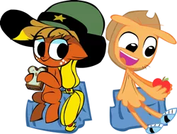 Size: 1024x775 | Tagged: safe, artist:mushroomcookiebear, derpibooru import, applejack, apple, crossover, food, friendshipping, hat, hat swap, sandwich, wander over yonder, wander (wander over yonder)