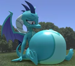 Size: 2000x1750 | Tagged: suggestive, artist:ghost reviews, derpibooru import, princess ember, dragon, 3d, belly, big belly, blender, dragoness, female, food, huge belly, implied, implied inflation, impossibly large belly, inflation, shy, smiling, stomach, stuffing, water