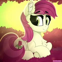 Size: 1920x1920 | Tagged: safe, artist:alexbefest, derpibooru import, roseluck, earth pony, pony, flower, forest, green background, green eyes, pink, rose, simple background, solo, tree
